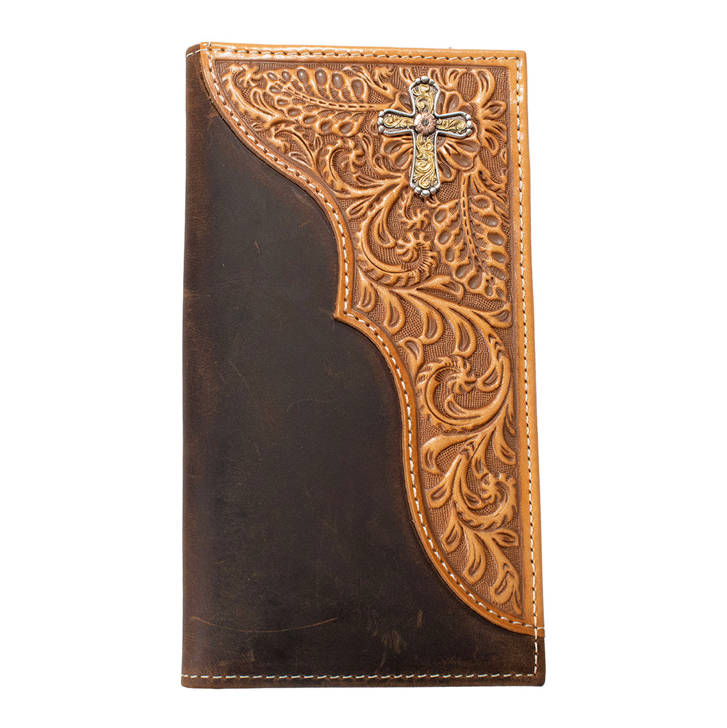 Pard's Western Shop Nocona Brown Rodeo Wallet with Tan Embossed Corner Overlay and Cross Concho