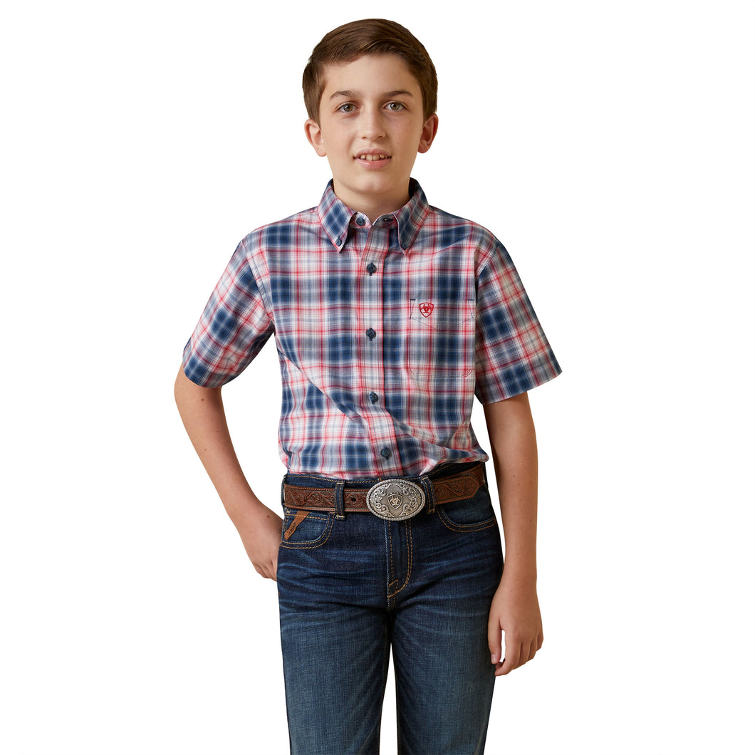 Pard's Western Shop Ariat Pro Series Olen Classic Fit Blue/Red/White Plaid Short Sleeve Button-Down Shirt for Boys
