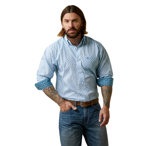 Pard's Western Shop Ariat Men's Wrinkle Free Wayne Classic Fit Light Blue Geometric Print Button-Down Shirt