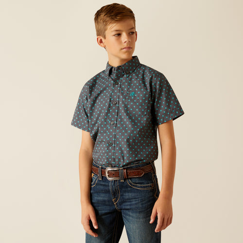 Pard's western Shop Ariat Boys Johnnie Grey with Turquoise Print Short Sleeve Classic Fit Button-Down Shirt