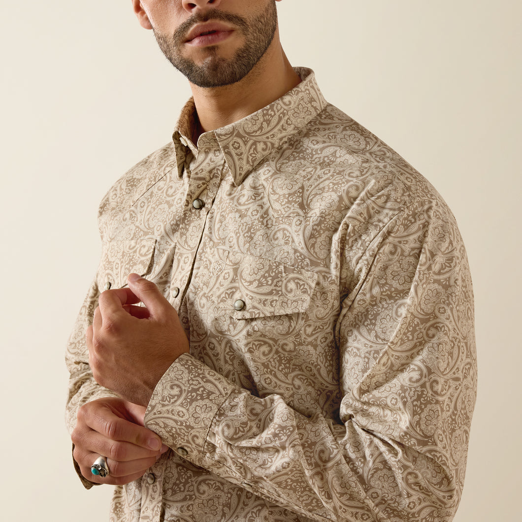 mens paisley dress shirt Ariat Men's Pro Series Trevon Classic Fit Tan Paisley Print Western Sn –  Pard's Western Shop