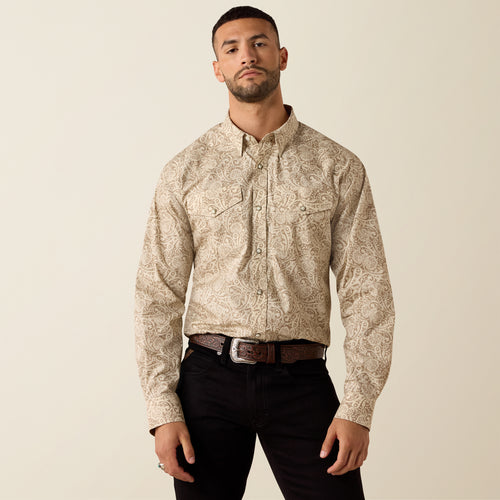 Pard's Western Shop Ariat Men's Pro Series Trevon Classic Fit Tan Paisley Print Western Snap Shirt