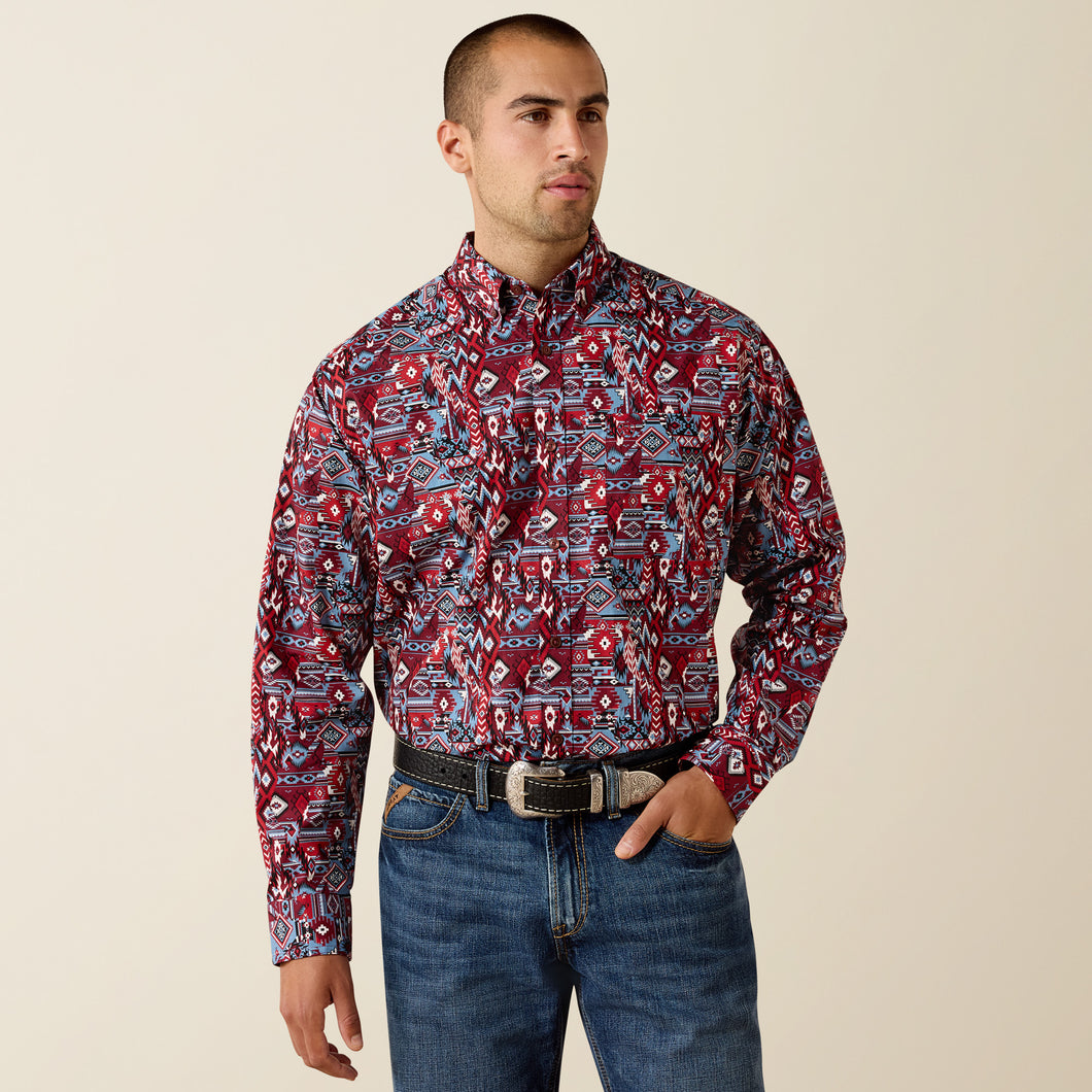 Pard's Western Shop Ariat Men's Trapper Maroon/Blue Aztec Print Classic Fit Button-Down Shirt
