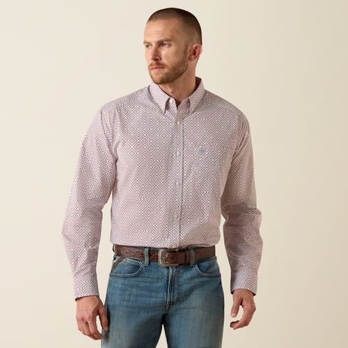 Pard's Western Shop Ariat Men's Tiernan White/Maroon/Pink Geo Print Classic Fit Button-Down Shirt