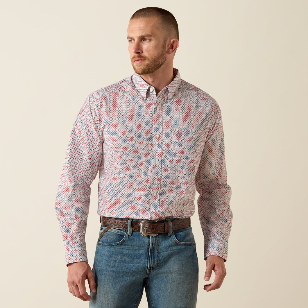 Pard's Western Shop Ariat Men's Tiernan White/Maroon/Pink Geo Print Classic Fit Button-Down Shirt