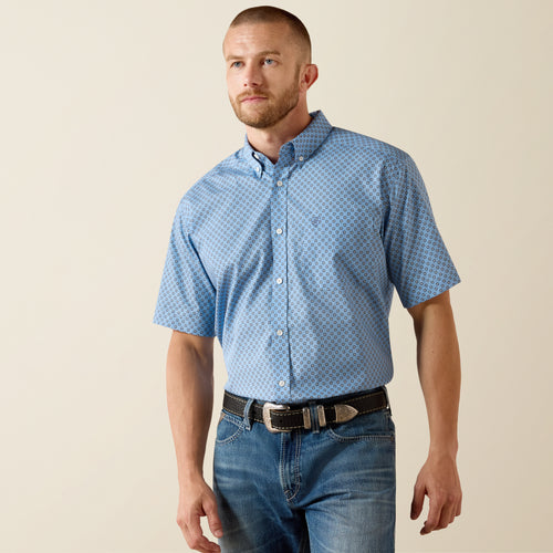 Pard's Western Shop Ariat Men's Cash Blue Print Wrinkle Free Classic Fit Short Sleeve Button-Down Shirt