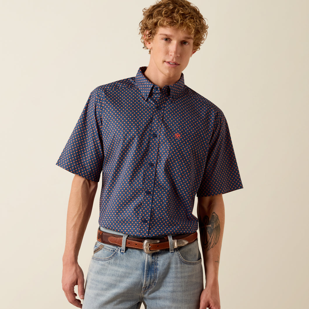 Pard's Western Shop Ariat Men's Nikola Navy/Orange Print Classic Fit Short Sleeve Button-Down Shirt