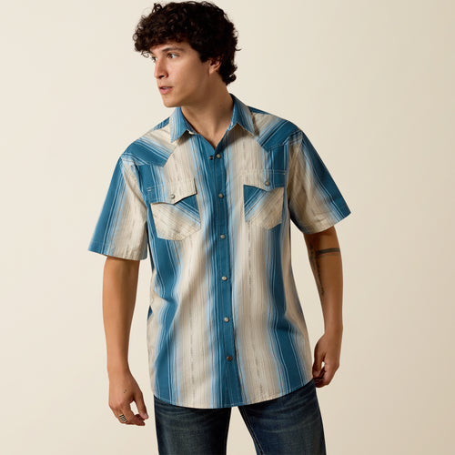 Pard's Western Shop Ariat Men's Retro Hyland Blue/Cream Stripe Fitted Western Snap Short Sleeve Shirt