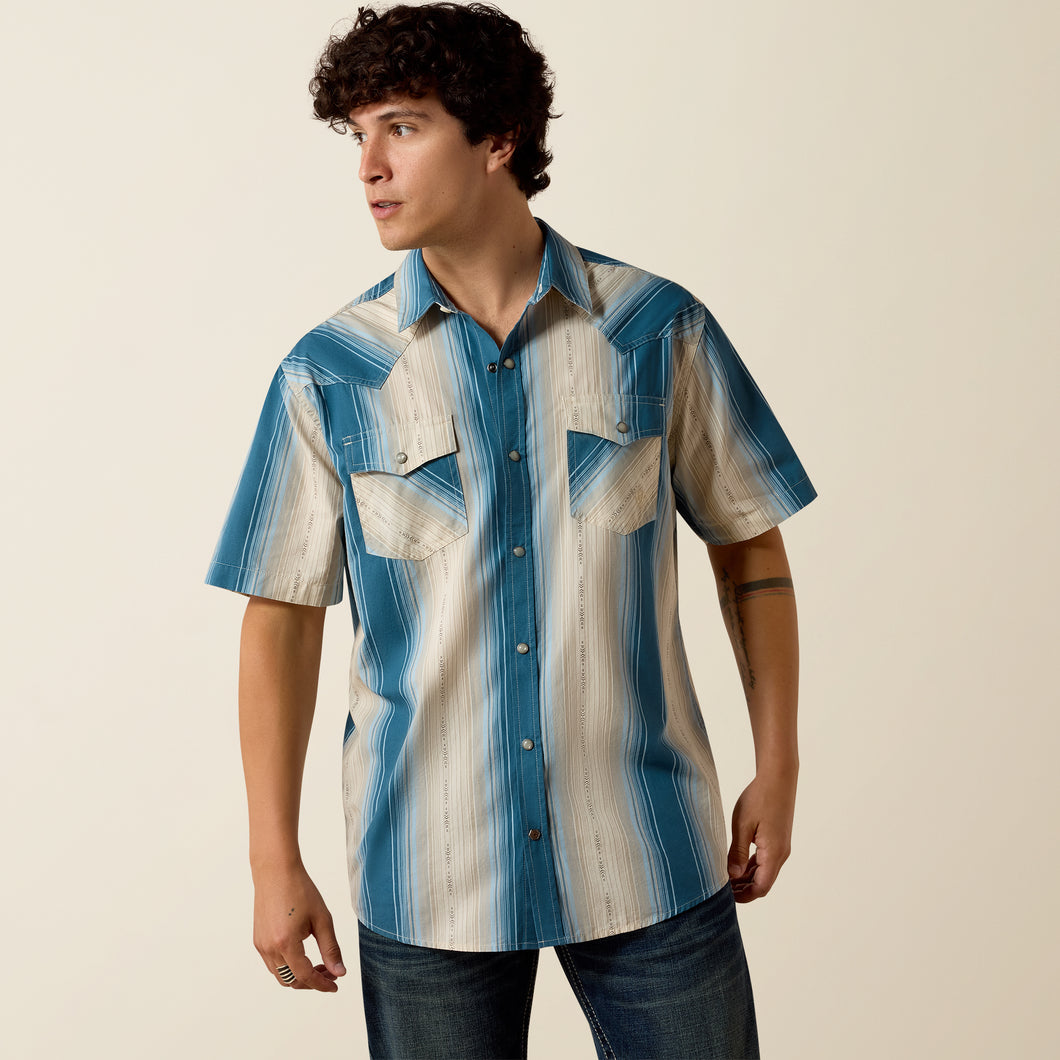 Pard's Western Shop Ariat Men's Retro Hyland Blue/Cream Stripe Fitted Western Snap Short Sleeve Shirt