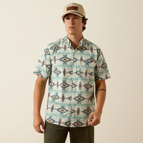 Pard's Western Shop Ariat Men's Merlin Turquoise Southwest Stripe Print Modern Fit Short Sleeve Button-Down Shirt