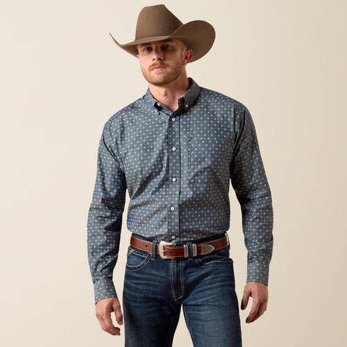 Pard's Western Shop Ariat Men's Walden Chambray Blue Print Wrinkle Free Button-Down Shirt