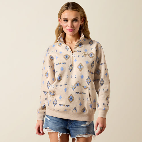Pard's Western Shop Ariat Women's Oatmeal Heather Southwest Print 1/2 Zip Sapphire Sweatshirt
