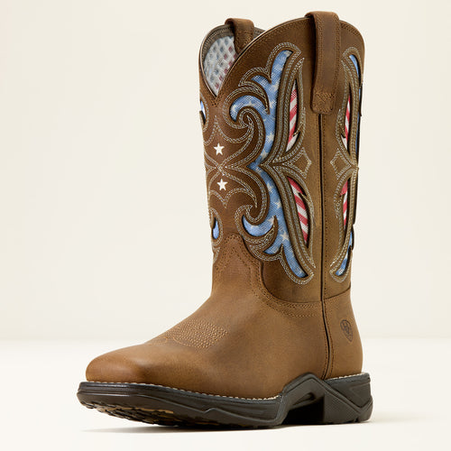 Pard's Western Shop Ariat Women's Aged Tan Anthem Proud VentTEK Broad Square Toe Western Boots with Stars & Stripes VentTEK