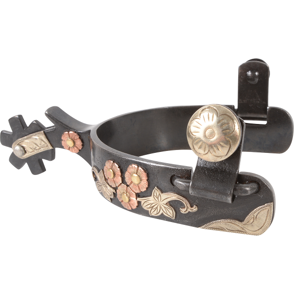 Tough 1 Western Spurs - Black Steel With Silver Floral Overlay - Unisex