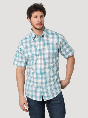 Pard's Western Shop Wrangler Men's Turquoise Plaid Wrinkle Resist Short Sleeve Western Snap Shirt