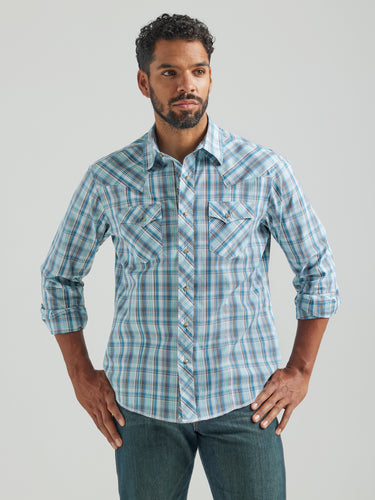 Pard's Western Shop Wrangler Men's Teal Plaid Fashion Snap Western Shirt