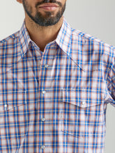 Wrangler Men's Blue/White/Orange Plaid Wrinkle Resist Snap Western Shirt