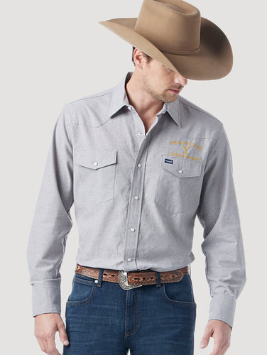 Pard's Western Shop Wrangler x Yellowstone Men's Grey Chambray Western Snap Shirt
