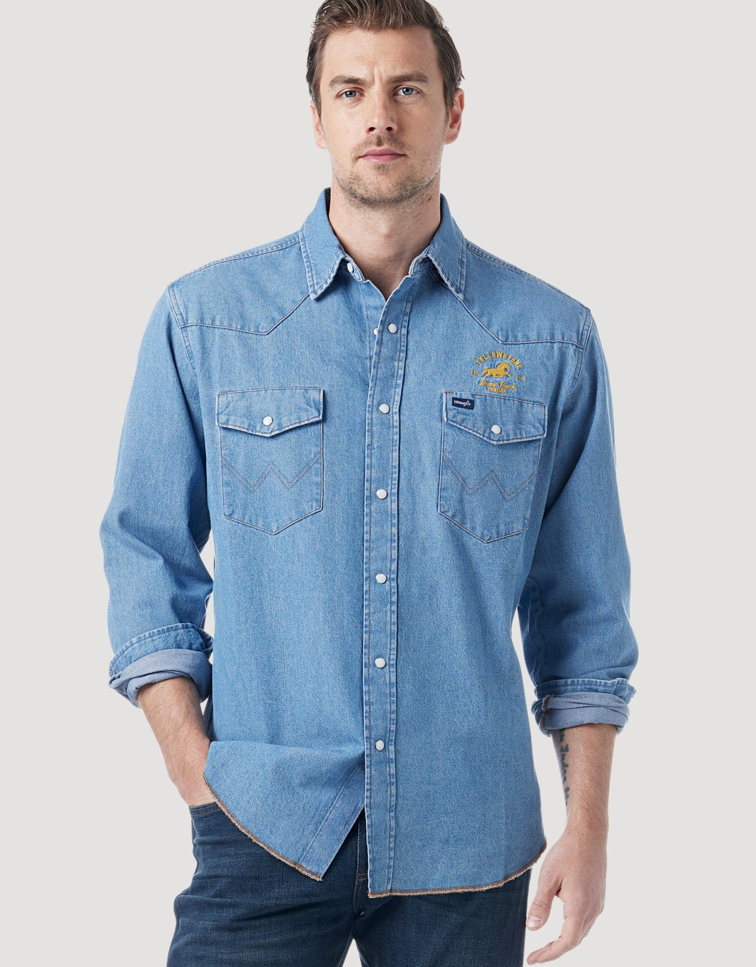 Pard's Western Shop Wrangler x Yellowstone Men's Stonewashed Denim Western Snap Shirt