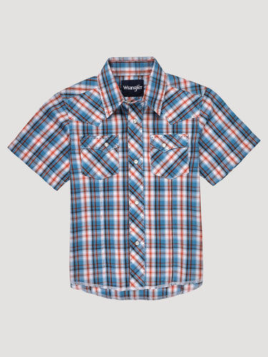 Pard's Western Shop Wrangler Boy's Blue/Orange/White Plaid Short Sleeve Fashion Snap Western Shirt