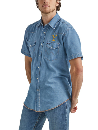 Pard's Western Shop Wrangler x Yellowstone Men's Stonewashed Denim Western Snap Short Sleeve Shirt
