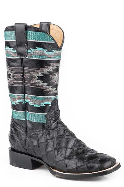 Pard's Western Shop Roper Footwear Women's Black Pirarucu Square Toe Boots with Aztec Embroidered Tops
