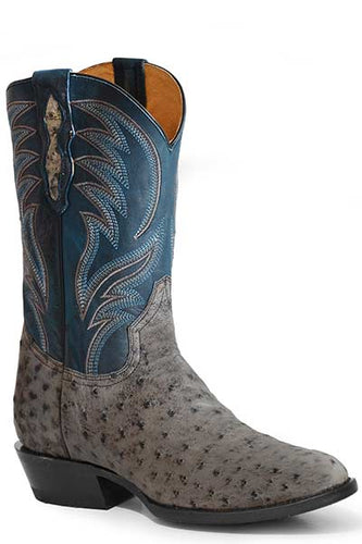 Pard's Western Shop Men's Roper Footwear Grey Full Quill Ostrich Medium Round Toe Western Boots with Dark Blue Tops