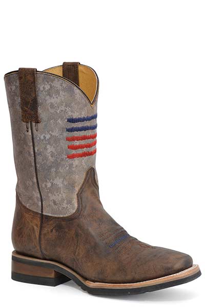 Pard's Western Shop Men's Roper Footwear Waxy Brown Boots with Embroidered Flag Stripes