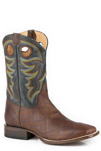 Pard's Western shop  Men's Roper Footwear Waxy Cognac ZigZag Stitched Wide Square Toe Garland Boots with Vintage Royal Blue Tops