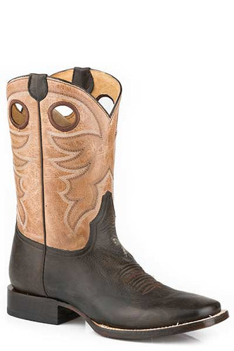 Pard's Western Shop Men's Roper Footwear Waxy Dark Brown Square Toe Boots with Marble Tan Tops