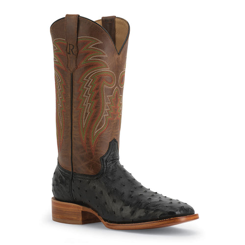 Pard's Western Shop R.Watson Black Full Quill Ostrich Boots with Tan Tops for Men