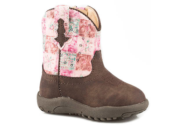 Pard's Western Shop Brown Infant Cowbabies Boots with Pink Floral Shine Tops from Roper Footwear