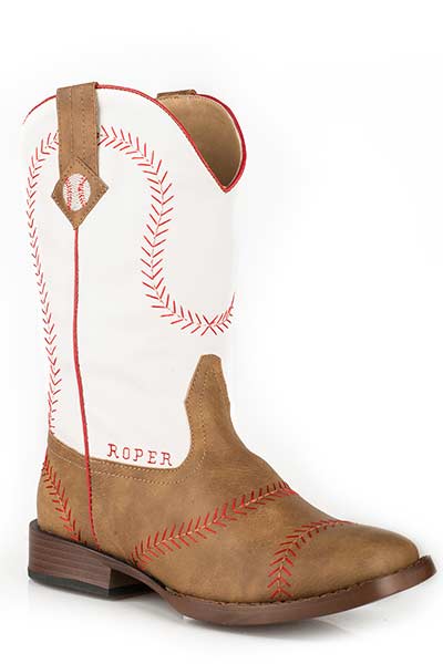 Pard's Western Shop Roper Footwear Vintage Tan Baseball Stitched Square Toe Boots for Kids