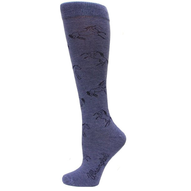 Pard's Western Shop Women's Wrangler Denim Blue Printed Horses Knee High Boot Socks