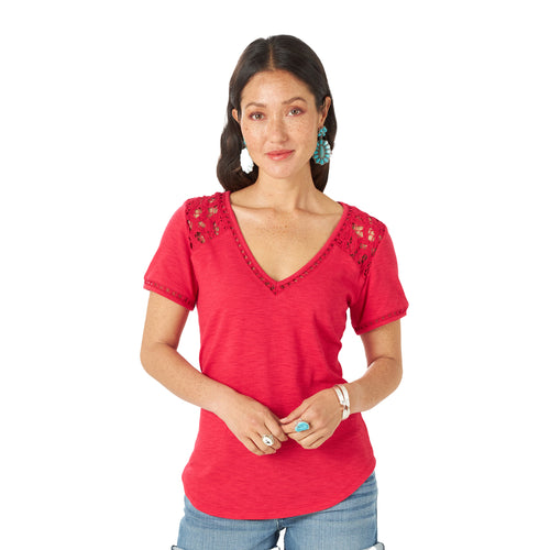 Pard's Western Shop Women's Wrangler Retro Red Short Sleeve Top with Crochet Trim