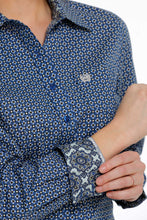 Cinch Ladies Royal Blue Geometric Print Button-Down Blouse