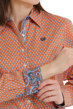 Women's Orange/Blue Print Button-Down Cinch Blouse