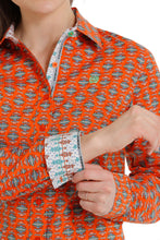 Ladies Cinch Orange Geometric Print Button-Down Blouse
