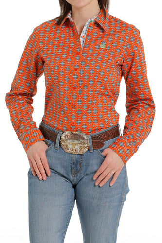 Pard's Western Shop Ladies Cinch Orange Geometric Print Button-Down Blouse