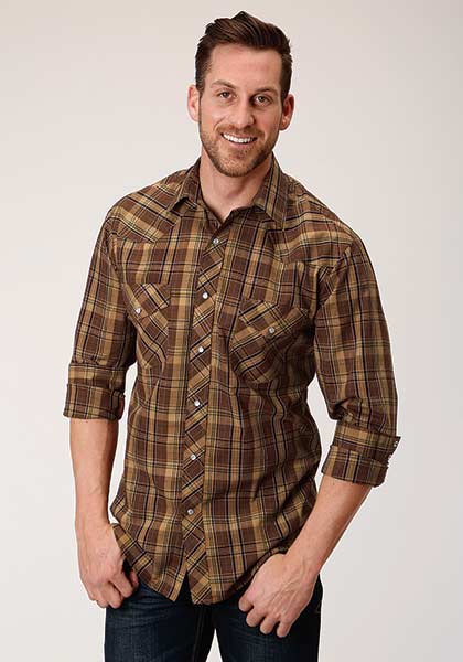 Pard's Western Shop Brown/Tan Plaid Western Snap Shirt for Men from Roper Apparel
