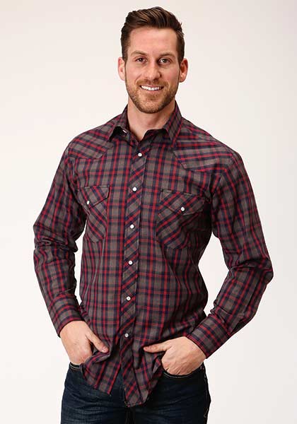 Pard's Western Shop Red/Grey/Navy Plaid Western Snap Shirt for Men from Roper Apparel