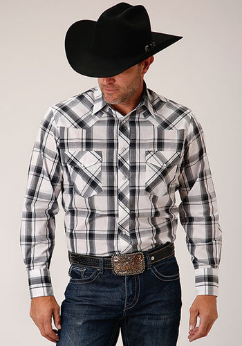 Pard's Western Shop Roper Men's White/Black/Grey Plaid Western Snap Shirt