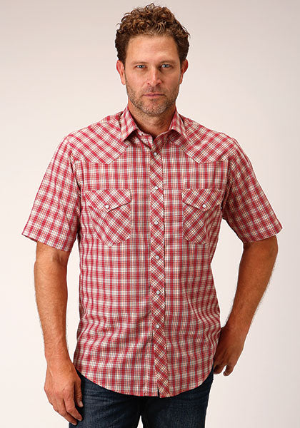 Pard's Western Shop Roper Men's Red & Multi Colored Small Scale Plaid Short Sleeve Western Snap Shirt