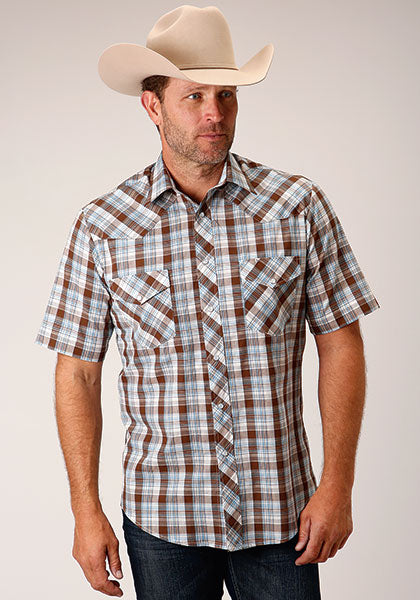 Pard's Western Shop Roper Men's Brown/Blue/White Plaid Short Sleeve Western Snap Shirt