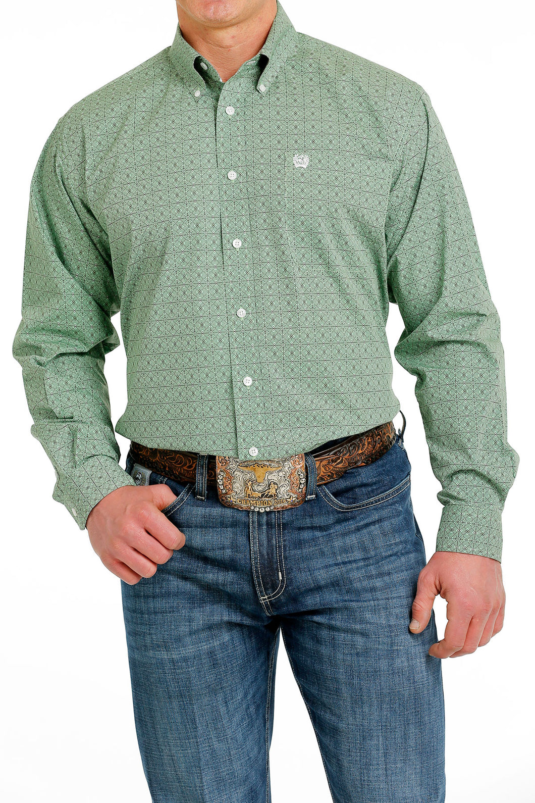 Pard's Western Shop Cinch Green Geometric Print Button-Down Shirt for Men