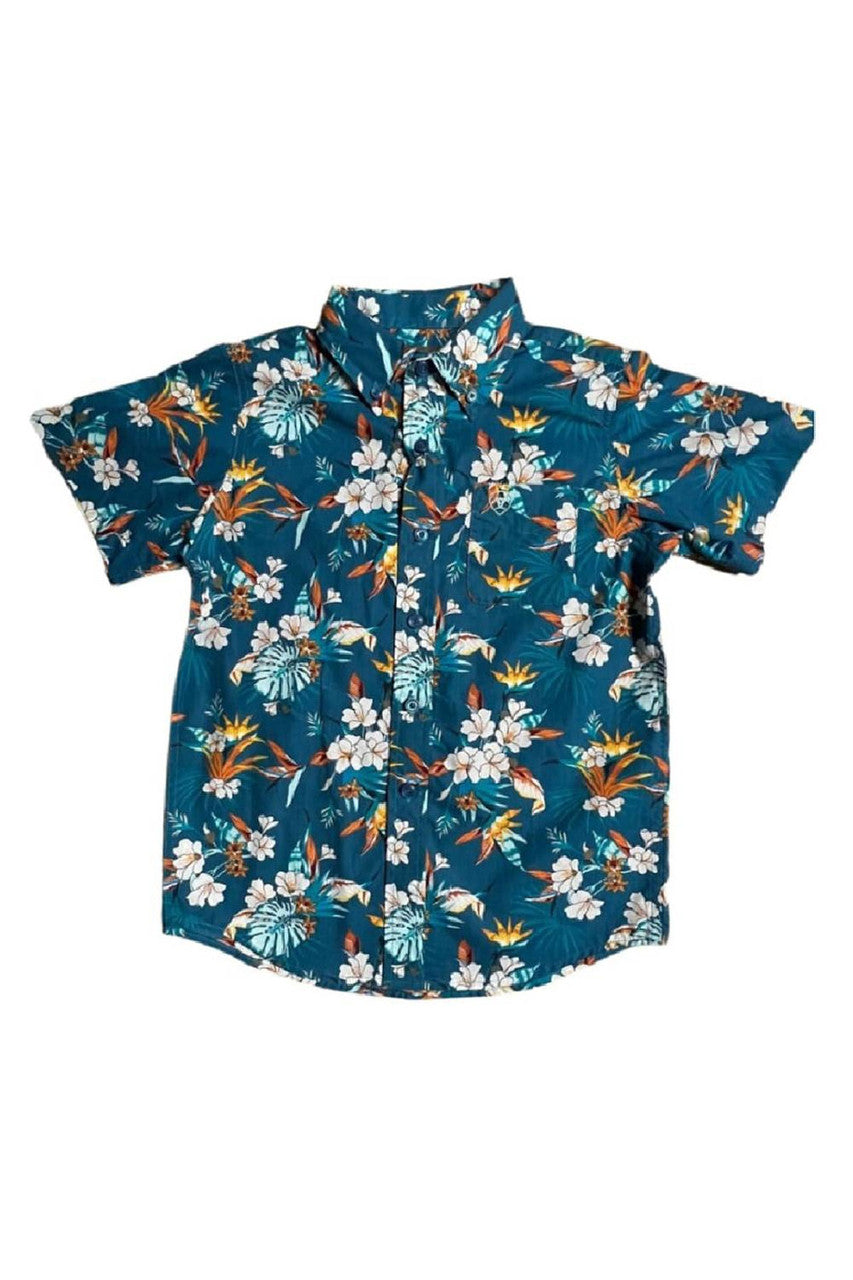 Pard's Western Shop Ariat Boy's Keon Blue Tropical Print Short Sleeve Button-Down Classic Fit Shirt