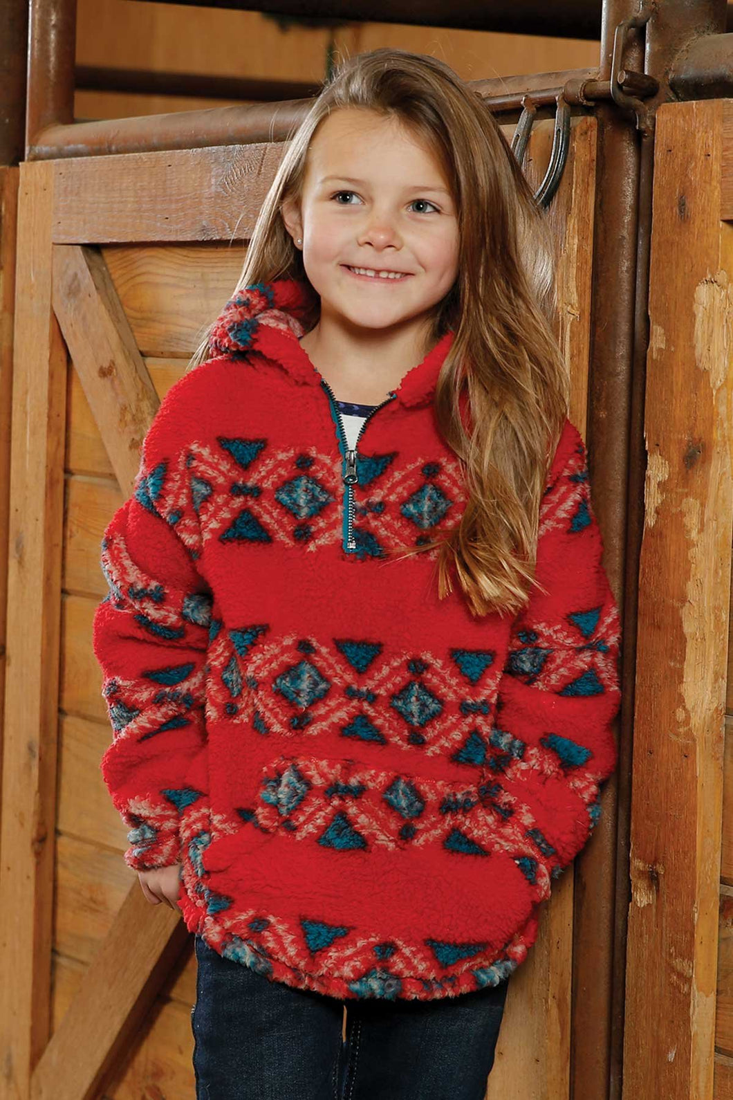 Pard's Western Shop Cruel Girl Red Geometric Print 1/4 Zip High Pile Fleece Hoodie for Girls
