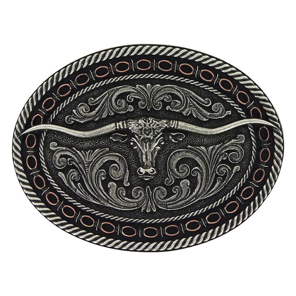 Pard's Western Shop Montana Silversmiths Two Tone Antiqued Round Barbed Longhorn Attitude Buckle