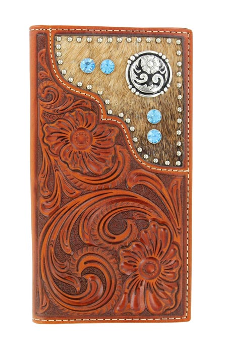 Pard's Western Shop Nocona Men's Floral Tooled Rodeo Wallet with Inset Calf Hair and Blue Stones