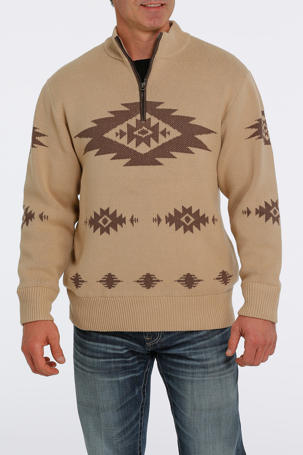 Pard's Western Shop Cinch Men's Khaki Aztec Print 1/4 Zip Sweater